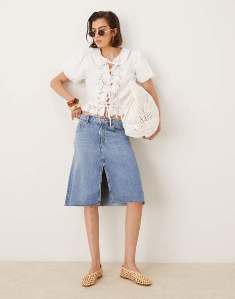 Mango split front knee length denim skirt in light blue