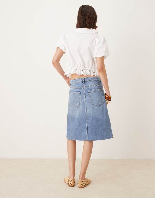 Mango – Jasnoniebieska spódnica jeansowa do kolan z rozcięciem z przodu, 3 z 5
