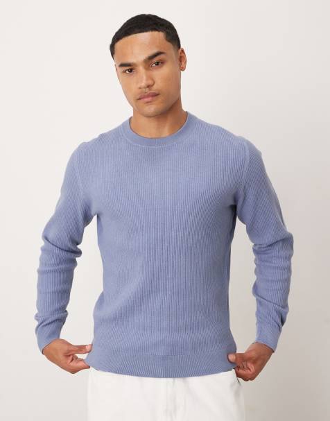 Mango cotton mix crew neck jumper in sky blue