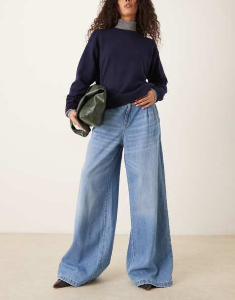 Mango pleat front fluid straight leg jean in light blue