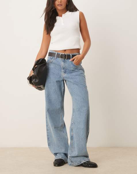 Mango cotton baggy textured low rise jean in light blue