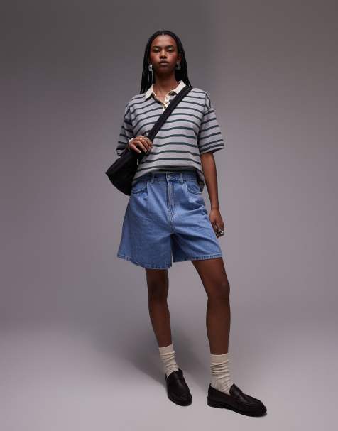 Mango slouchy longline denim shorts in light blue