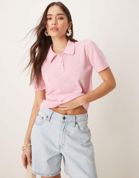 Mango compact knit cropped polo top in baby pink