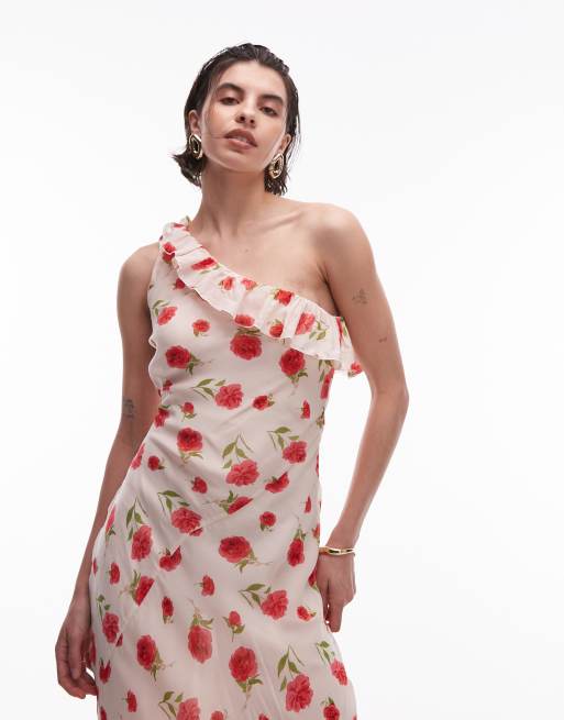 Mango – Jasnoróżowa sukienka na jedno ramię we wzór w róże, 2 z 4