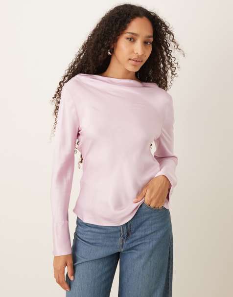Mango high neck long sleeve satin top in light pink
