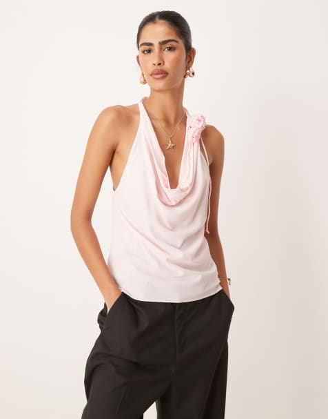 Mango halter drape neck top with 3D floral in soft pink 