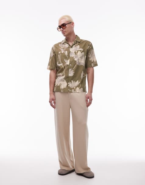 Mango cotton floral print short sleeve shirt in light green