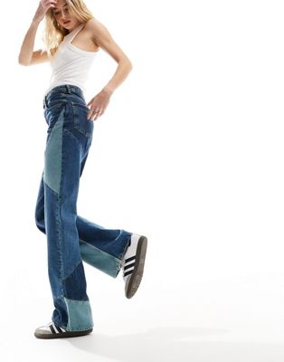 Mango patchwork straight leg jeans in blue - ASOS Price Checker