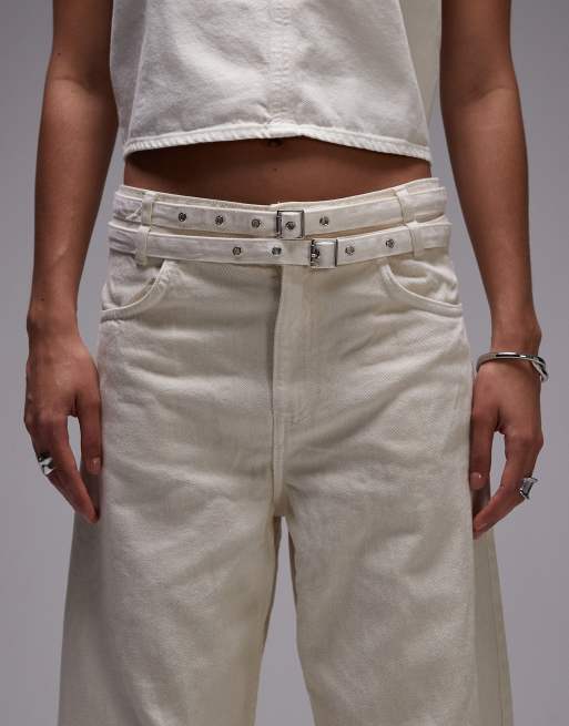 Mango - Jeans bianchi con cintura doppia in coordinato, 5 di 5