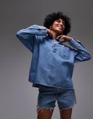 Mango - Jeans-Hemdjacke in Blau mit offenem Kragen