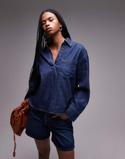 Mango – Jeans-Hemdjacke in Dunkelblau mit offenem Ausschnitt - view 1