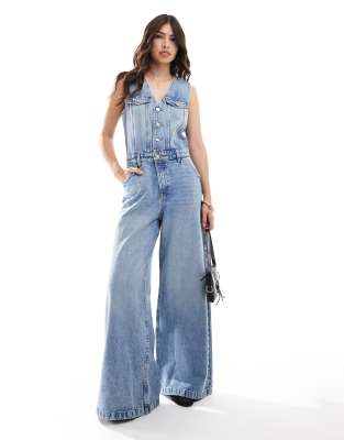 Mango - Jeans-Jumpsuit in hellblau mit Westen-Oberteil