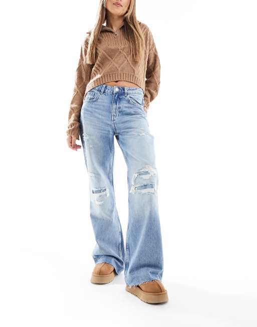 Mango - Jeans met rechte pijpen en scheuren in blauw