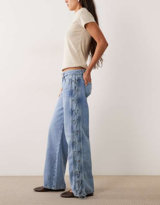 Mango Jeans mit Bindeband an der Seite und geradem Bein in Hellblau, 3 von 5