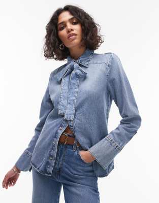 Mango - Jeanshemd in Blau mit gebundenem Schleifendetail