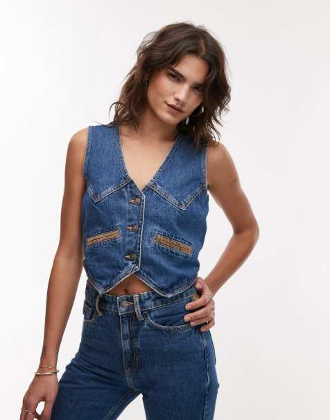 Mango – Jeansweste in Blau mit Cordtaschen, Kombiteil - view 1