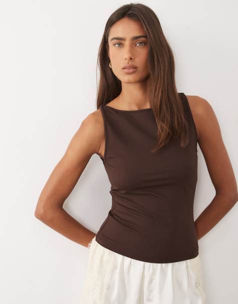 Mango jersey boat neck vest in brown