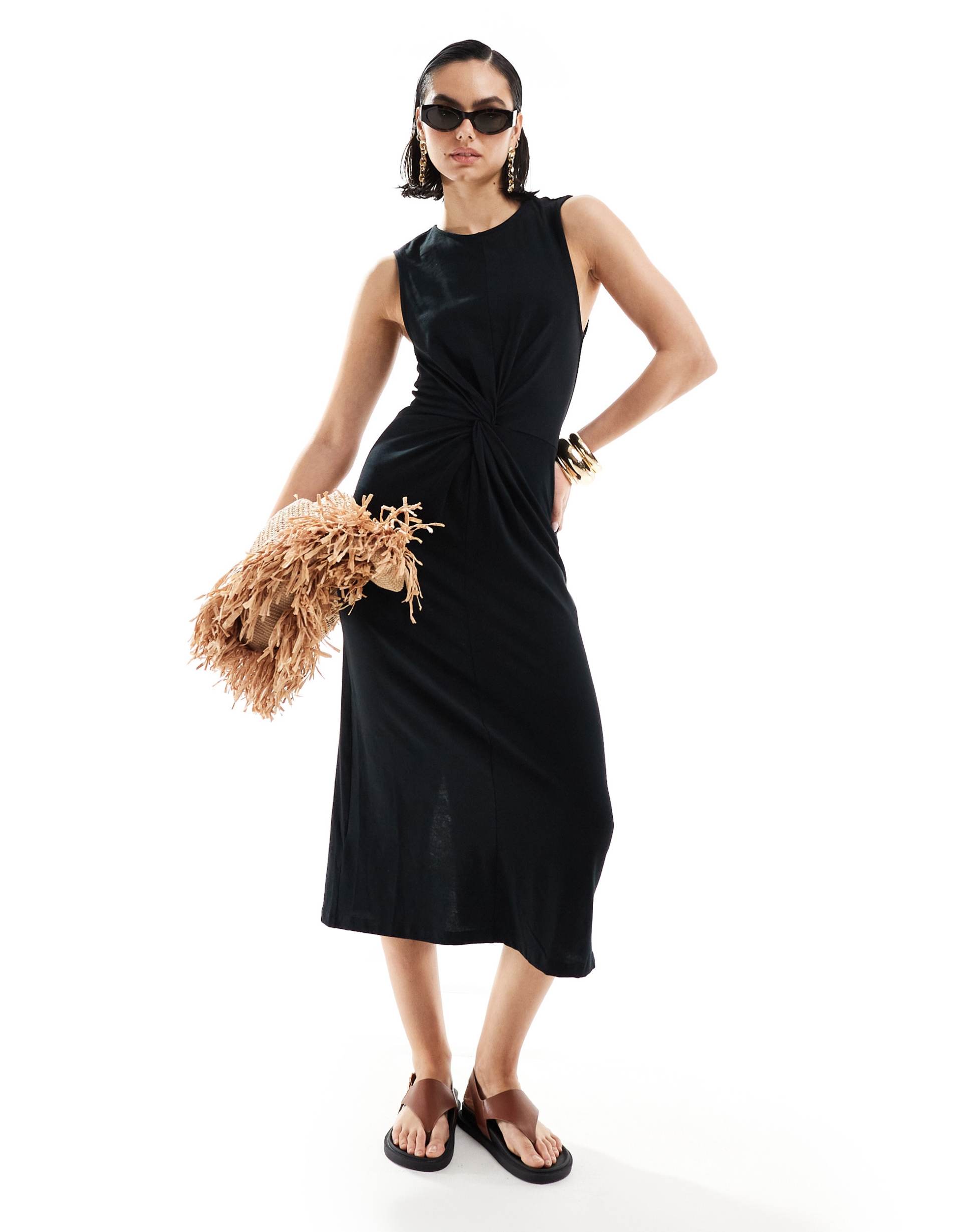 mango jersey dress cinched waist in black