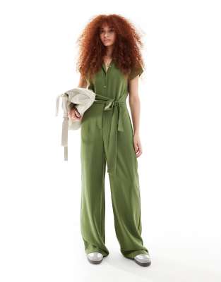 Mango - Jersey-Jumpsuit in Khaki mit Bindegürtel-Grün