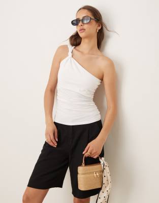 Mango Mango jersey one shoulder twisted knot detail top with ruched cinch waist in white