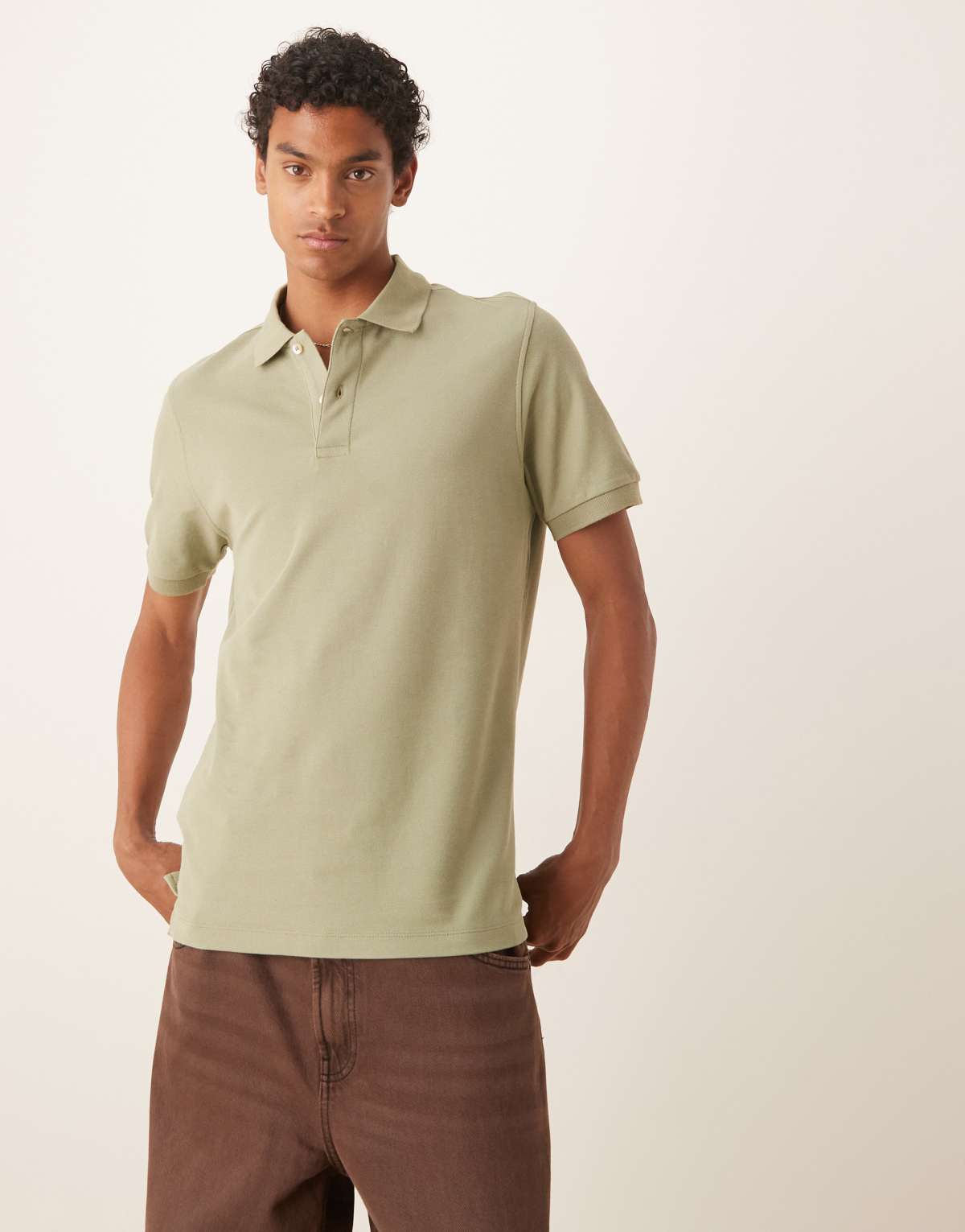 Mango jersey revere collar polo in sage green