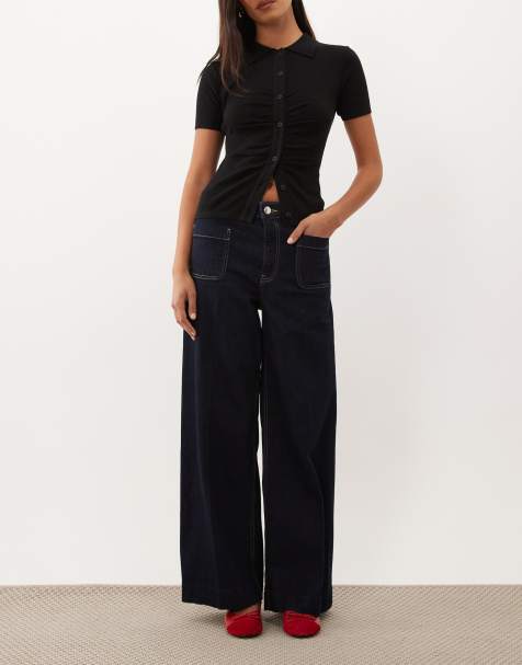 Mango Jessie 100 % Baumwolle Wide-Leg-Jeans mit Taschendetail in Indigo - view 1