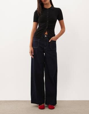 Mango Jessie 100% Cotton Wide Leg Pocket Detail Jeans In Blue