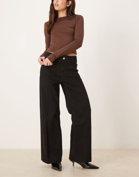Mango Jessie cotton mix pocket detail wide leg jean in black