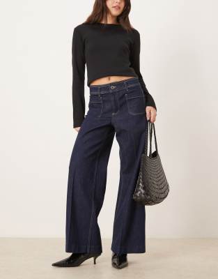 Mango Jessie Cotton Mix Pocket Detail Wide Leg Jean In Blue