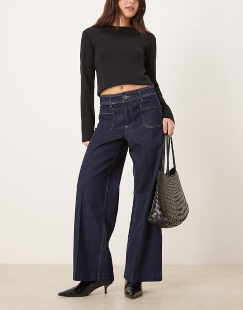 Mango Jessie cotton mix pocket detail wide leg jean in indigo
