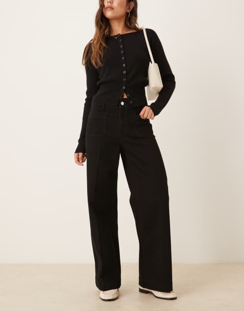 Mango Jessie 100% cotton pocket detail wide leg jean in black