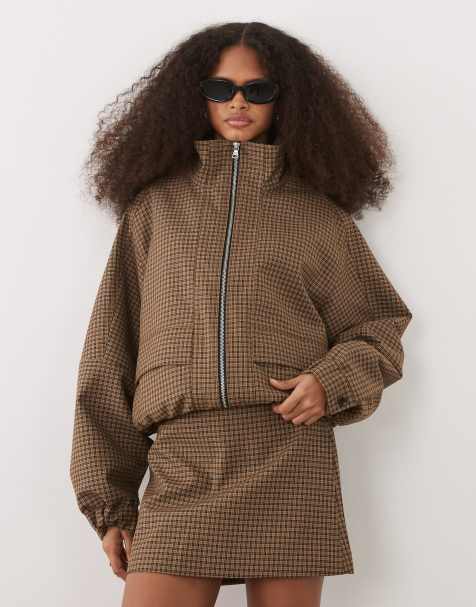 Mango Josef double zip bomber jacket co-ord in brown check - view 1