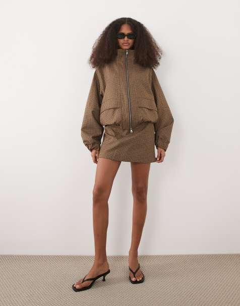 Mango Josef double zip bomber jacket & mini skirt co-ord in brown check - view 1