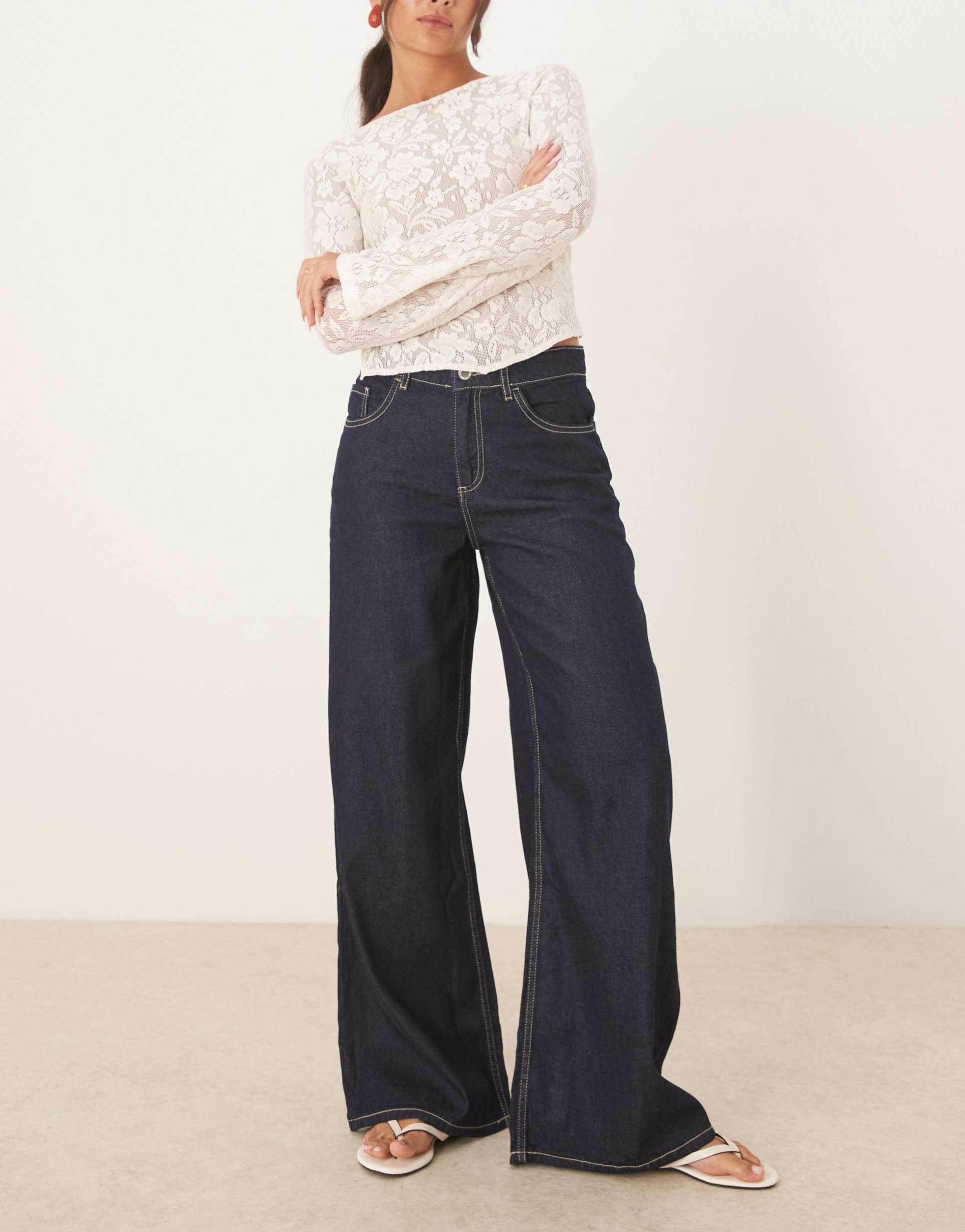 mango joy 100% cotton wide leg jeans with contrast stitch in indigo