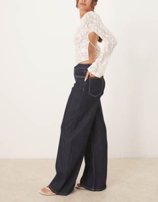 Mango Joy 100% Cotton Wide Leg Jeans With Contrast Stitch In Blue