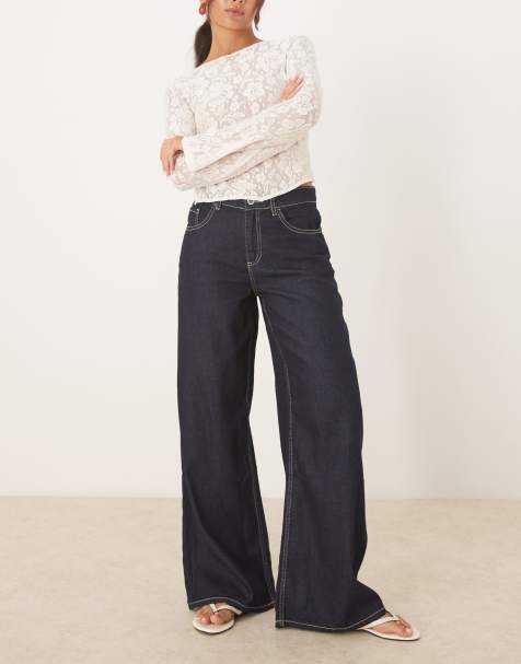 Mango - Joy - Jeans van 100% katoen met wijde pijpen en contrasterend stiksel in indigo - view 1