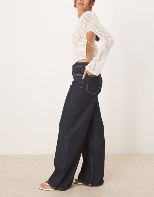 Mango - Joy - Jeans van 100% katoen met wijde pijpen en contrasterend stiksel in indigo, 2 van 5