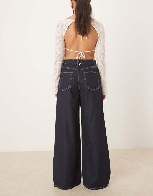 Mango - Joy - Jeans van 100% katoen met wijde pijpen en contrasterend stiksel in indigo, 3 van 5