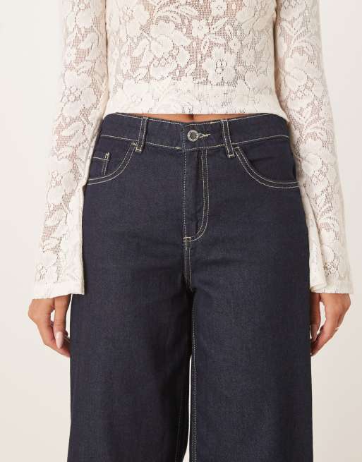 Mango - Joy - Jeans van 100% katoen met wijde pijpen en contrasterend stiksel in indigo, 4 van 5