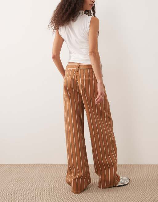 Mango Julene 100% cotton straight baggy jean in brown stripe, 2 of 5