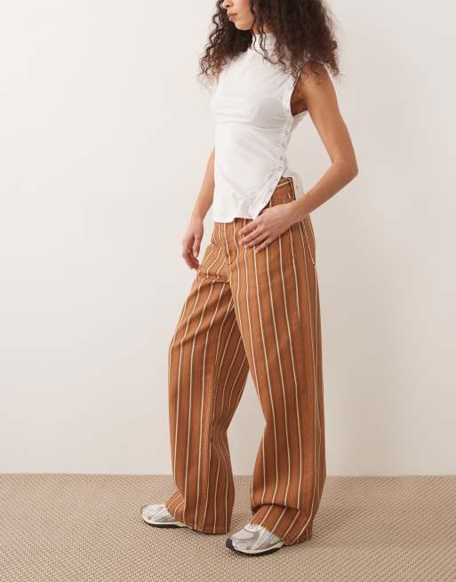Mango - Julene - Jeans ampi dritti 100% cotone marrone a righe, 3 di 5