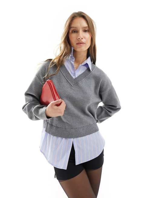 Mango jumper with built in shirt in grey