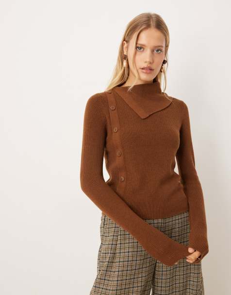 Mango jumper with side buttons in mid brown - view 1