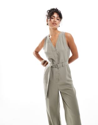 Mango - Jumpsuit aus khaki Leinenmix mit V-Ausschnitt-Grün