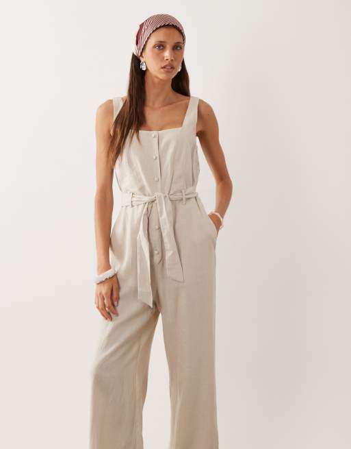Mango – Jumpsuit aus Leinenmix in Beige mit Bindegürtel, 4 von 4