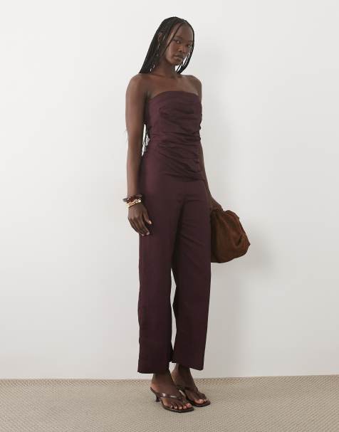 Mango jumpsuit i hørblanding med offshoulder og struktureret snit i dyb rød - view 1