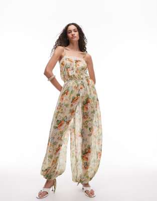 Mango - Jumpsuit in Blassgelb mit Blumenmuster und Blousonhose
