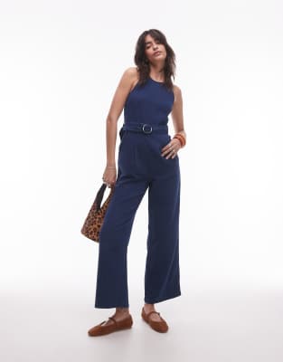 Mango - Jumpsuit in Indigoblau mit geradem Schnitt und Gürteldetail