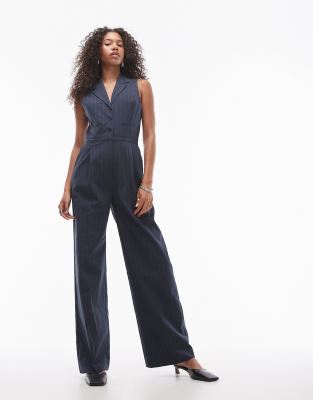 Mango - Jumpsuit in Marineblau mit Anzug-Detail und Nadelstreifen