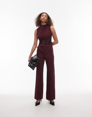 Mango - Jumpsuit in Rot mit hohem Kragen und Gürtel-Schwarz